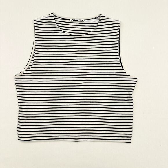 Zara Tops - Stylish Zara Black & White Striped Cropped Tank Top Size L